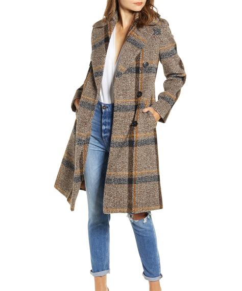 Womens Double Breasted Brown Plaid Tweed Coat