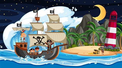 Island With Pirate Ship At Night Scene In Cartoon Style 2211598 Vector