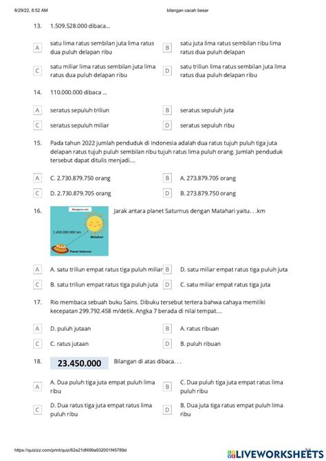 Bilangan Cacah Besar Ennidwi Live Worksheets