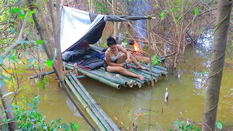 Bushcraft Camping Bamboo House Shelter On Water Survival Fish Hunting