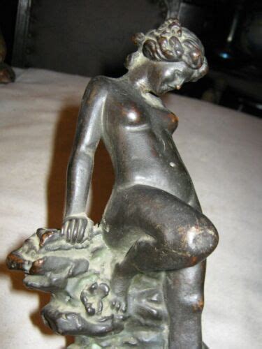 Antique Kbw Kathodian Bronze Works Nude Lady Pond Frog Art Statue Book