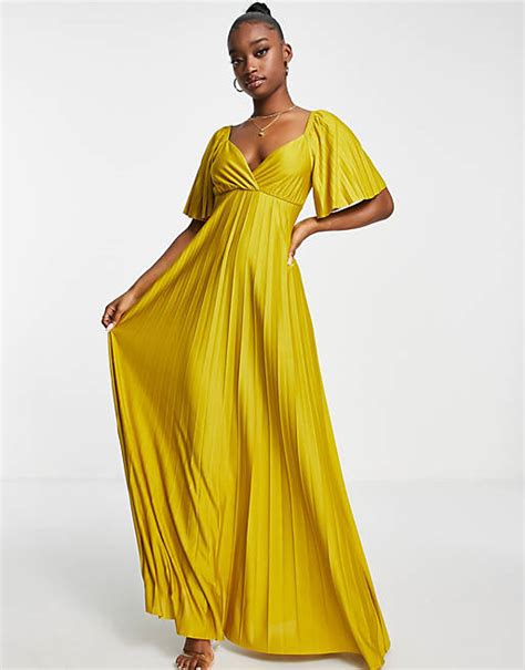 Asos Design Pleated Twist Back Cap Sleeve Maxi Dress In Mustard Asos