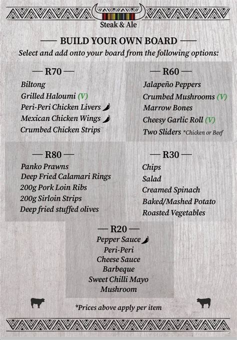 Menu at Steak & Ale restaurant, Umhlanga