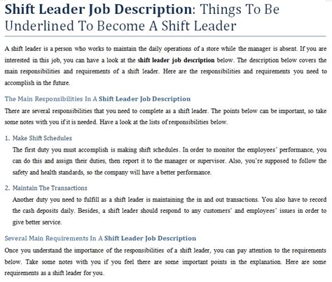 Shift Leader Job Description Things To Be Underlined To Become A Shift