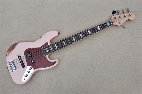 Custom Pink 5 String Electric Miniature Bass Guitar With Vintage Style Chrome Hardware And