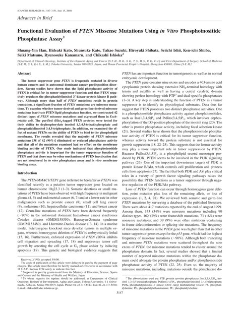 PDF Functional Evaluation Of PTEN Missense Mutations Using In Vitro