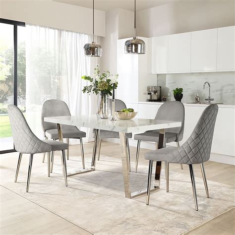 Milento Cm White Marble And Chrome Dining Table With Ricco Grey