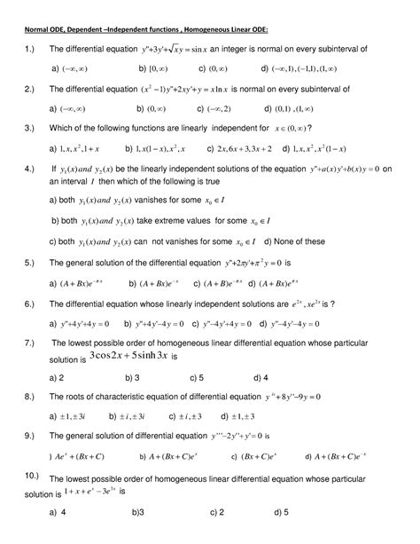 Unit Set Mth Mcqs For Practice Normal Ode Dependent