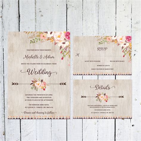 Wedding Invitation Set Boho Wedding Invitation Rsvp Card Etsy