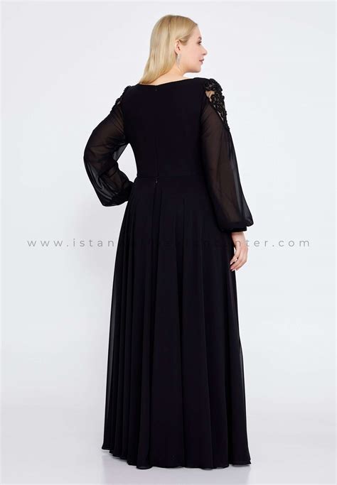 Er E Breeze Long Sleeve Maxi Chiffon Column Plus Size Black Wedding