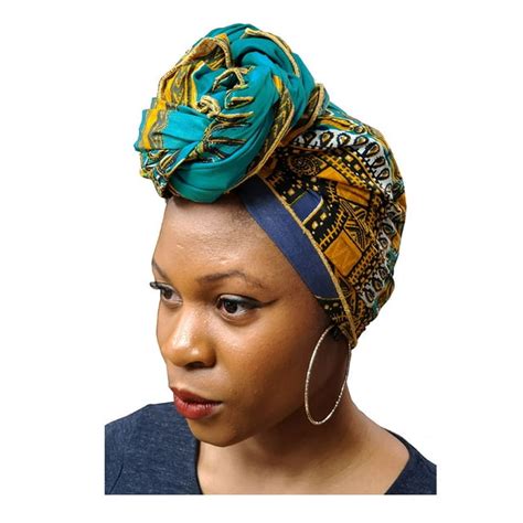 Turquoise African Print Ankara Head Wrap Tie Scarf One Size