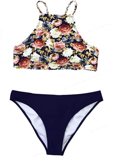 Amazon CUPSHE Women S Braided Straps High Neck Bikini Sets Floral And Navy Color XX L
