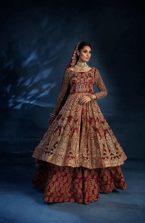 Red Pakistani Bridal Dress In Open Kameez Lehenga Style Nameera By Farooq