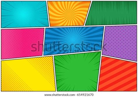 Comic Book Page Template Of Colorful Frames Divided By Lines With Rays