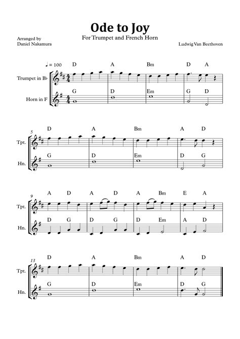 Ode To Joy Easy Trumpet And French Horn Arr Daniel Nakamura Sheet