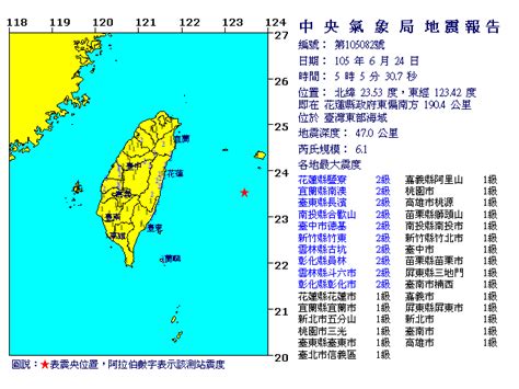 地震報告圖 第082號 6月24日5時5分 規模61 花蓮縣政府東偏南方 1904 公里 位於臺灣東部海域 中央氣象署地震測報中心