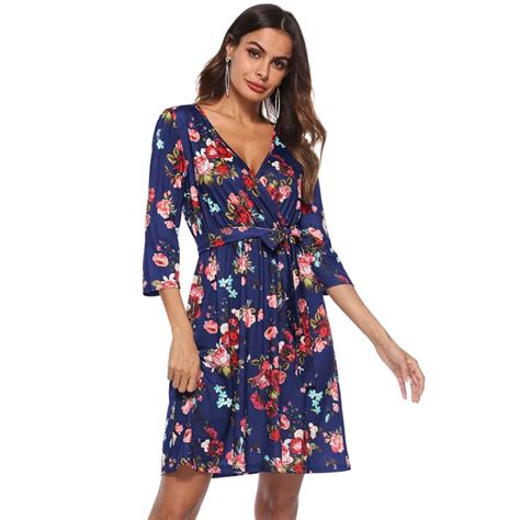 Spring Women Dress Cropped Sleeve Deep V Neck Floral Beach Sexy Print