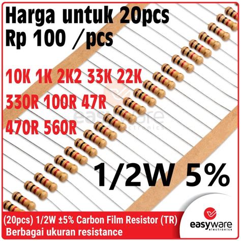 Jual 20x Carbon Film Resistor 1 2W 5 470R 10K 1K 330R 100R 2K2 33K 47R