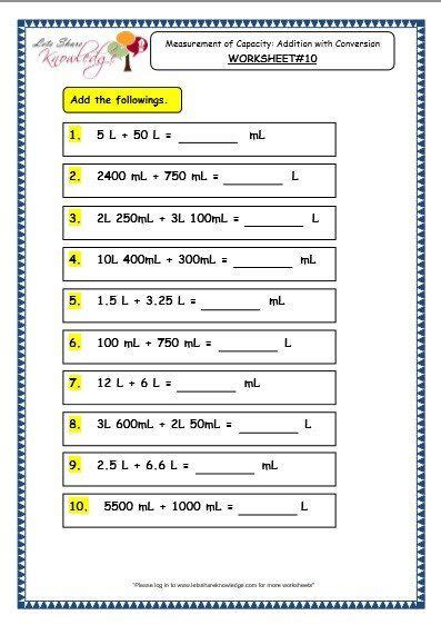 Capacity Worksheets Grade 4