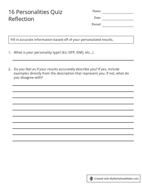 16 Personalities Quiz Reflection My Worksheet Maker Create Your Own