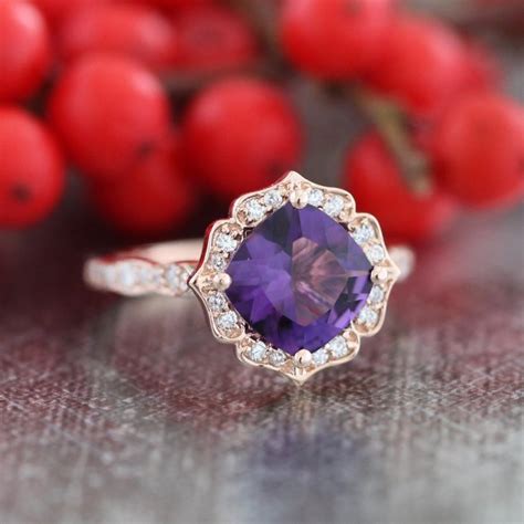 Rose Gold Amethyst Engagement Ring In Scalloped Diamond Wedding Band