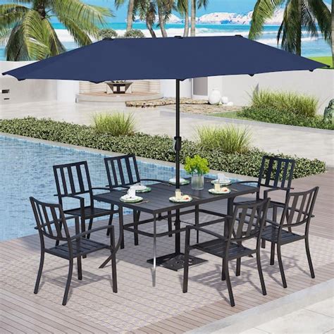 PHI VILLA 8 Piece Metal Outdoor Patio Dining Set With Umbrella And