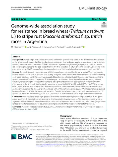 PDF Genome Wide Association Study For Resistance In Bread Wheat