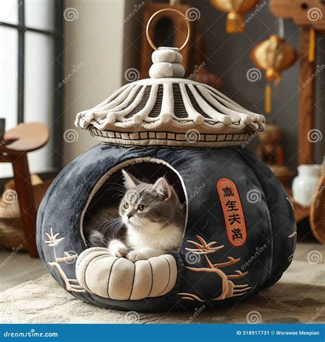 Cute Cat in Comfortable Cat House Has an Ancient Style Stock Image