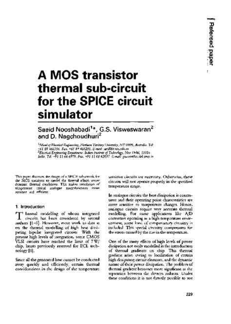 Pdf A Mos Transistor Thermal Sub Circuit For The Spice Circuit