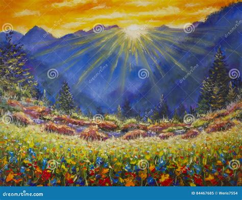 Sunrise Over a Flower Meadow in the Mountains Stock Image - Image of ...