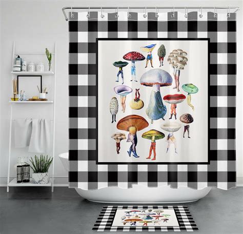 Monochrome Buffalo Check Psychedelic Mushroom Shower Curtain Elevate Your Bathroom Aesthetics