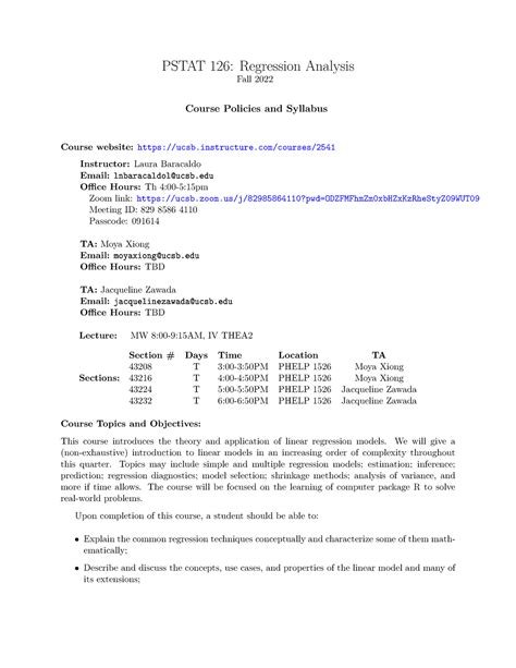 Syllabus Stat W Pstat Regression Analysis Fall Course