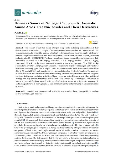 Pdf Honey As Source Of Nitrogen Compounds Aromatic Amino Acids Free