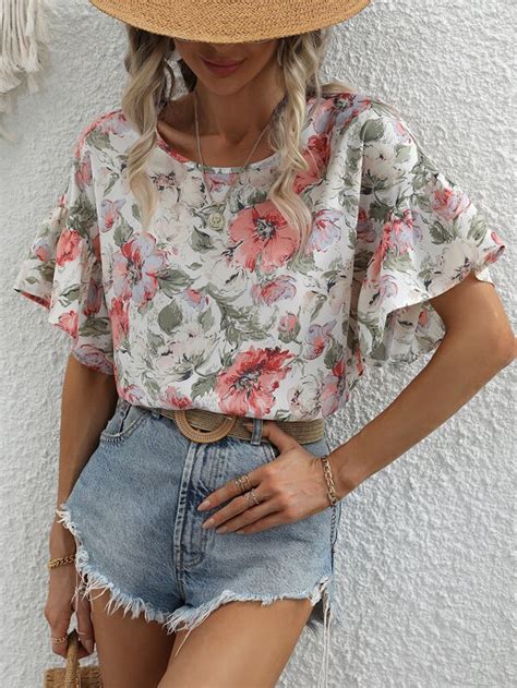 Shein Vcay Allover Floral Print Butterfly Sleeve Blouse Shein Usa