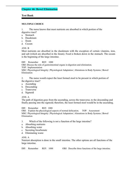 Nurs 1021 Chapter 46 Bowel Elimination Testbank Questions And Answers