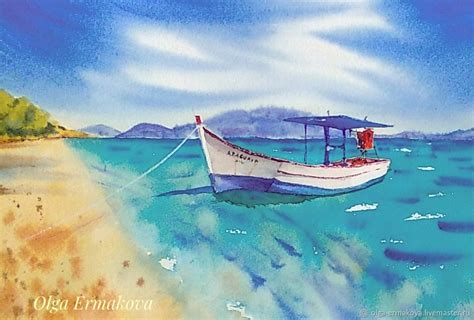 Картина море лодка, горы, берег, зелень акварельная – купить на Ярмарке ...
