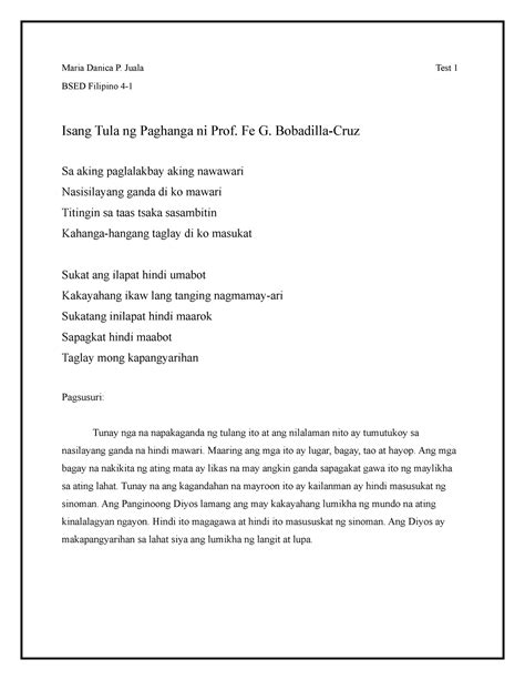 Juala Isang Tula Ng Paghanga Test 1 Maria Danica P Juala Test 1 Bsed Filipino 4 Isang Tula