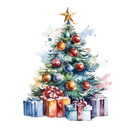 Christmas Tree With Presents Watercolor Clipart Png