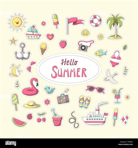 Summer Sticker Set Of Cute Cartoon Characters Vector Collection For