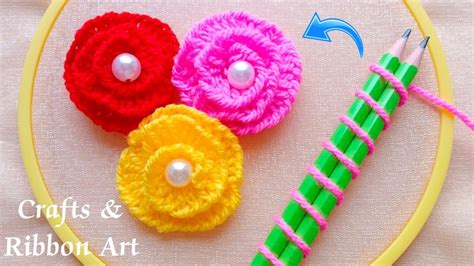 Super Easy Woolen Rose Making Idea With Pencils Hand Embroidery