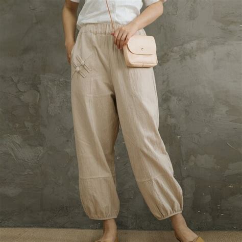 Summer Elastic Waist Cotton Pants Soft Casual Loose Cropped Etsy