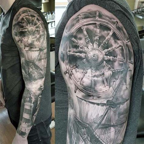 Realistic D Nautical Shaded Black And Grey Ink Guys Sleeve Tattoos