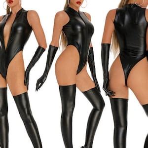Latex Catsuit Gloves Stockings Bodysuit Lingerie Faux Latex Catsuit For Women Lingerie Festival