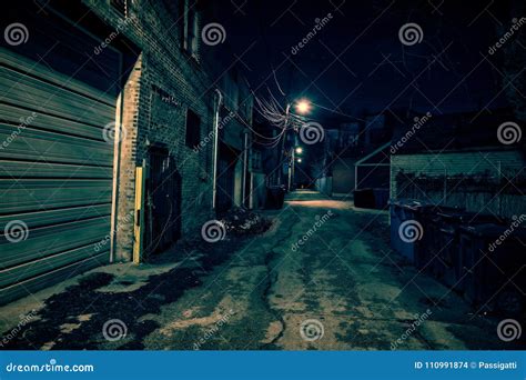 Dark Empty and Scary Urban City Street Alley at Night Stock Photo - Image of industry, brick ...