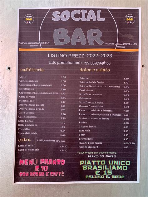 Speisekarte Von Social Bar Di Gigi Liviero Modena