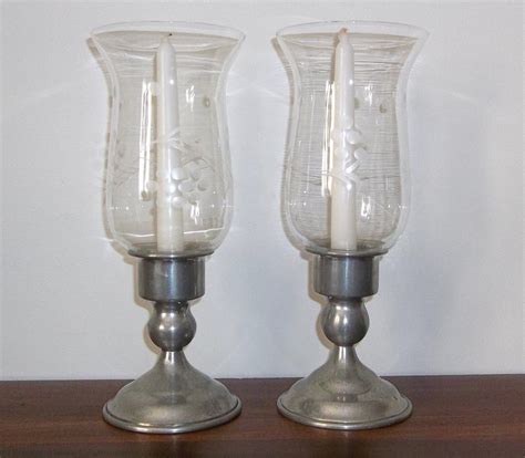 Vintage Kirk Pewter Candle Holders With Etched Glass Hurricane