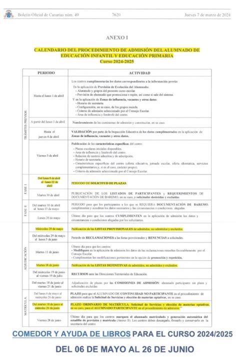 CALENDARIO PROCEDIMIENTO DE ADMISIÓN CURSO 2024 2025 CEIP BARRANCO DE