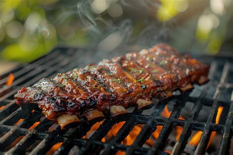 Marinated Spicy Pork Ribs Grilling On A Bbq Fire Amongst The Hot Flames Outdoors Stock Image