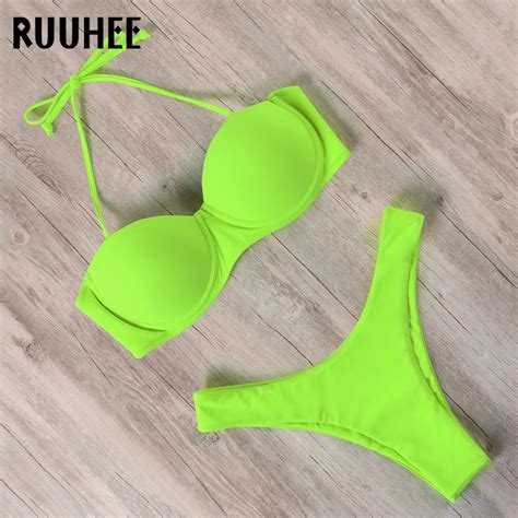 Ruuhee Braziliaanse Thong Bikini Set Vrouwen Push Up Bikini Effen