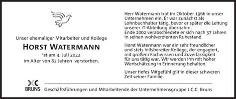 Traueranzeigen Von Horst Watermann Trauer MT De